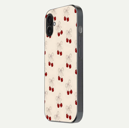 Cute Cherry Pattern Glass Case for iPhone 16 Plus side-angle photo highlighting gloss curve and pattern clarity
