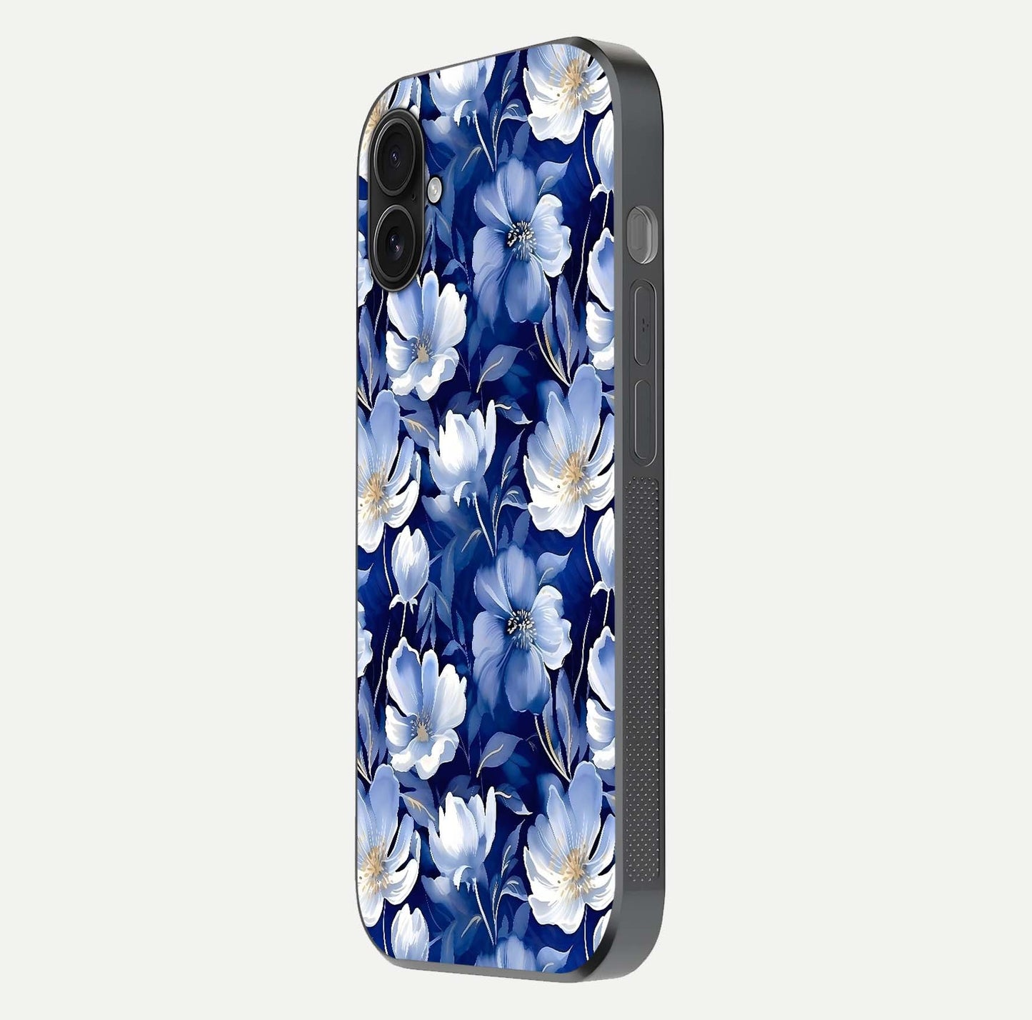 Cute Floral Patterns Glass Case for iPhone 16 Plus side-angle image showing polished surface and gloss tone
