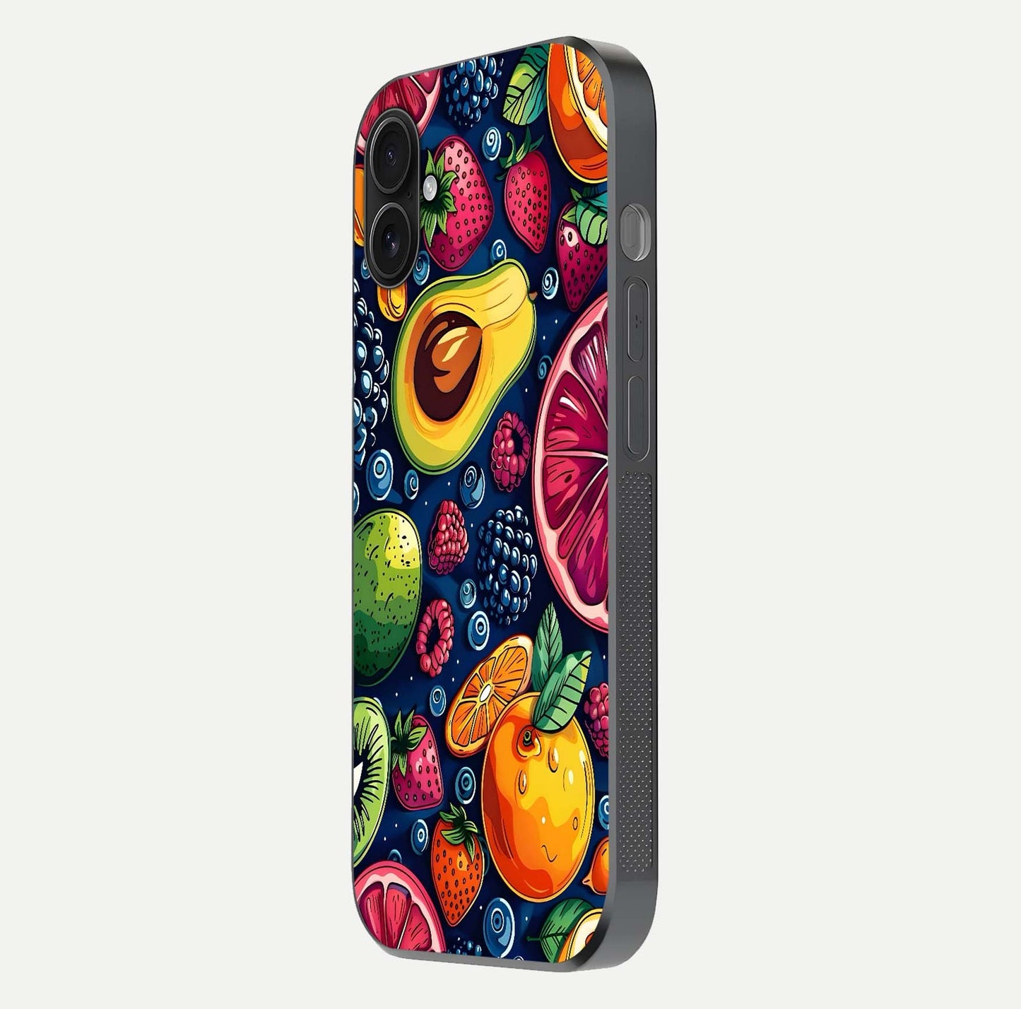 Cute Fruits Art Glass Case for iPhone 16 Plus side-angle photo showing reflective finish and smooth edges