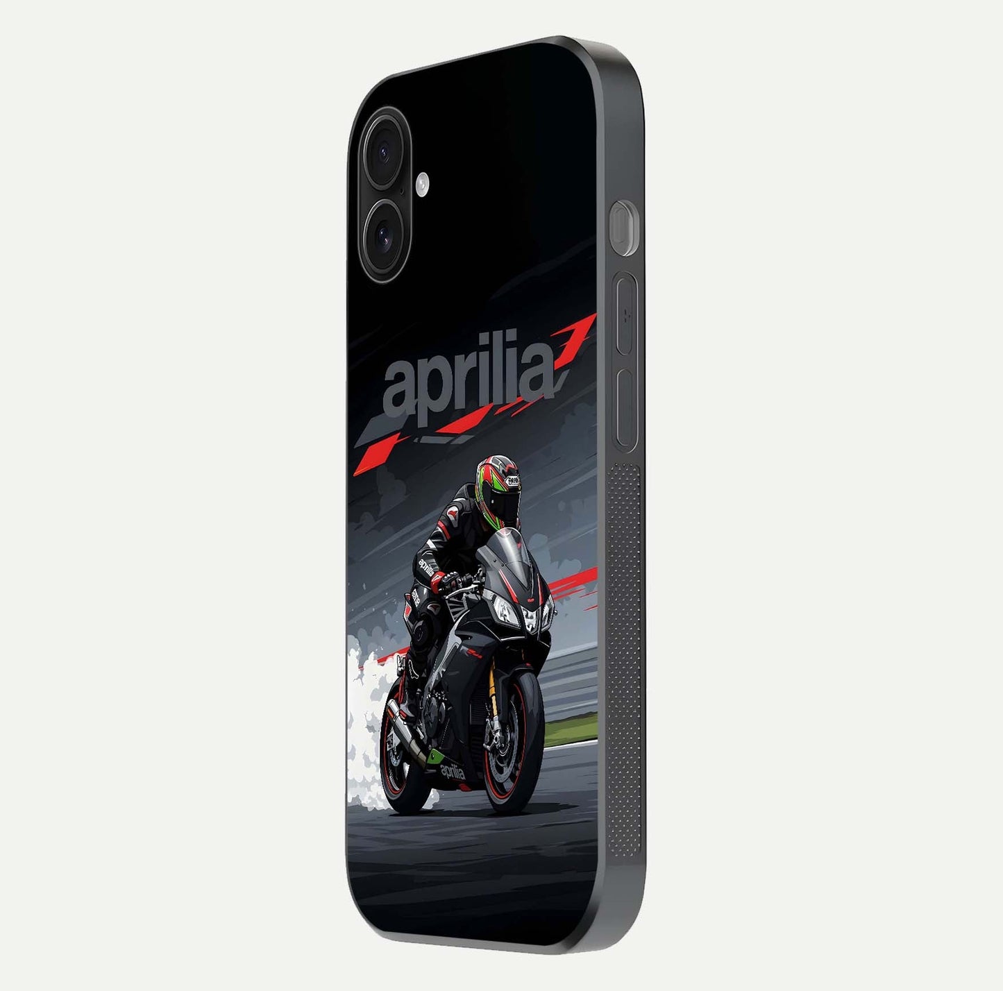 Dark Aprilla Glass Case for iPhone 16 Plus side-angle photo showing reflection gloss and curved edge finish