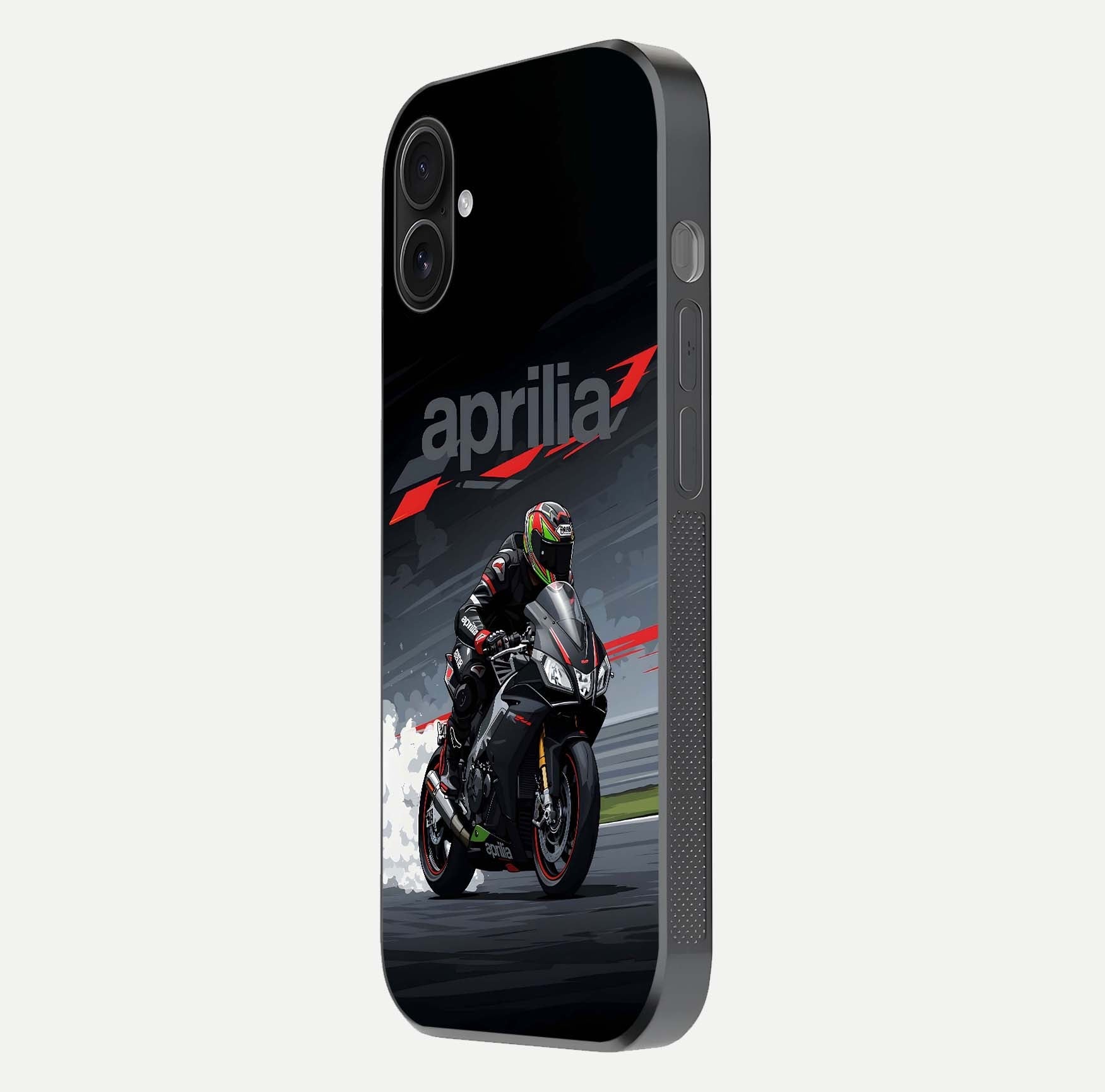 Dark Aprilla Glass Case for iPhone 16 Plus side-angle photo showing reflection gloss and curved edge finish