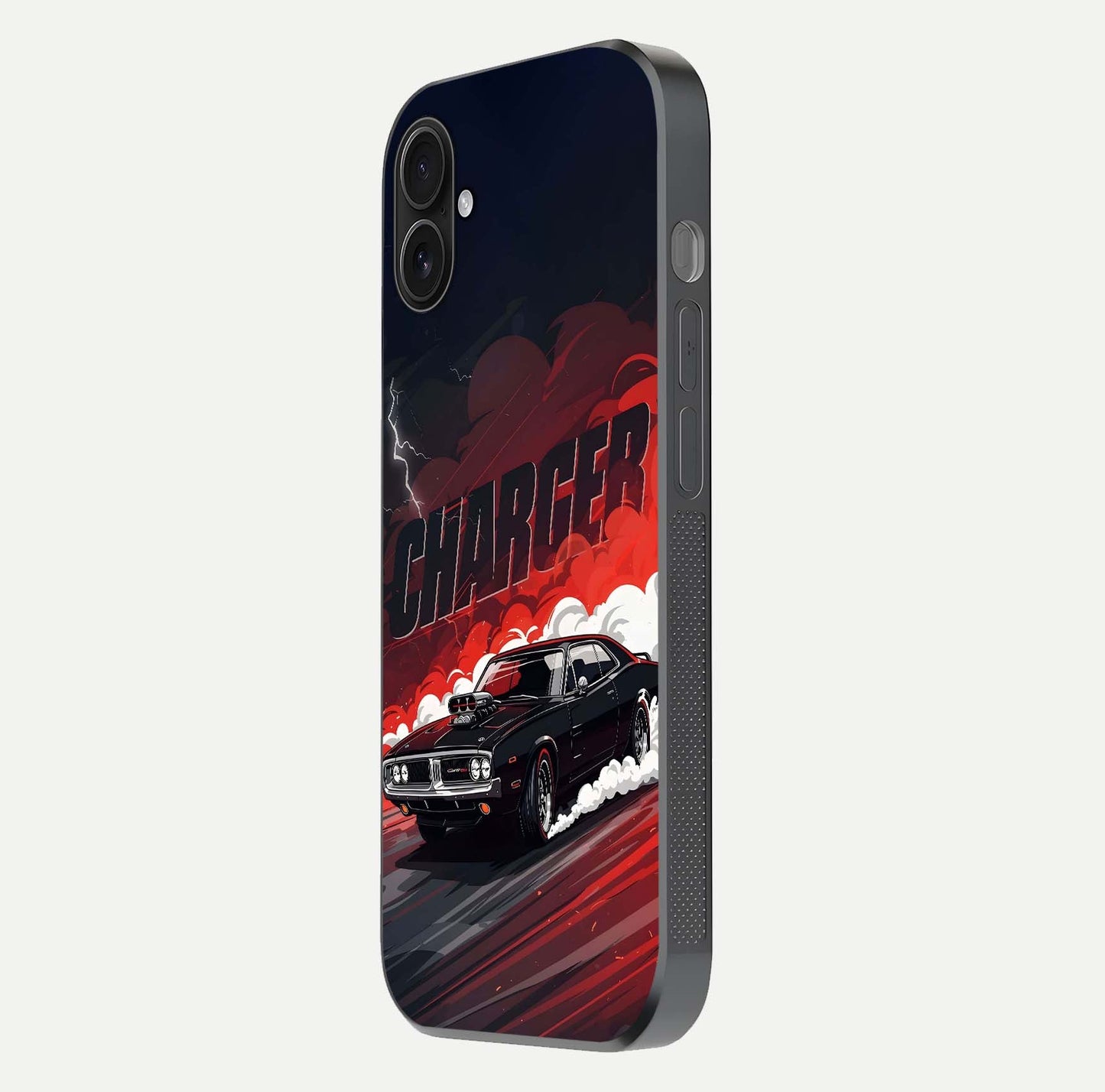 Dark Charger Fury Glass Case for iPhone 16 Plus side-angle image showing edge gloss and bold tone
