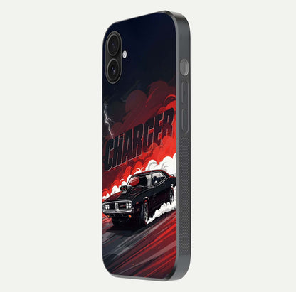 Dark Charger Fury Glass Case for iPhone 16 Plus side-angle image showing edge gloss and bold tone