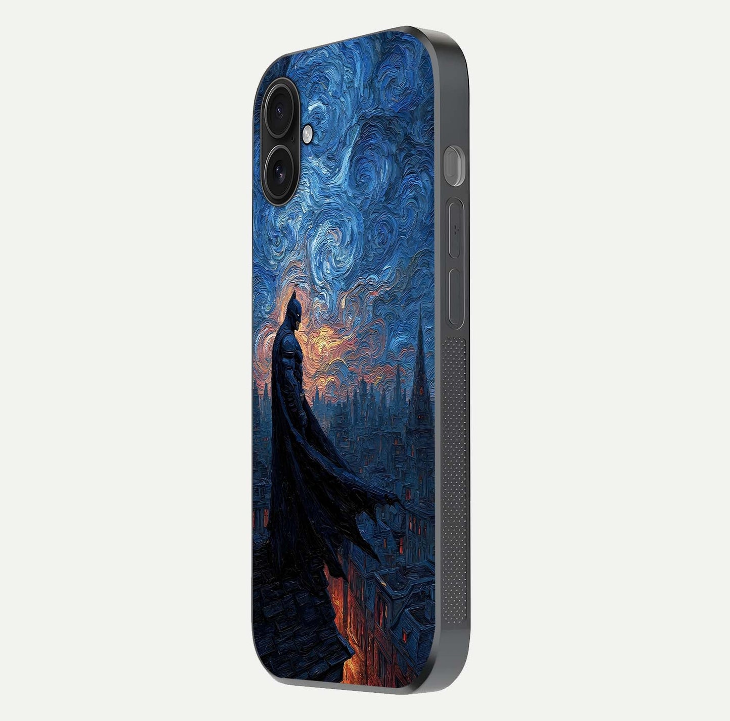 Dark Knight Dusk Glass Case for iPhone 16 Plus side-angle image capturing reflection shine and bold contrast