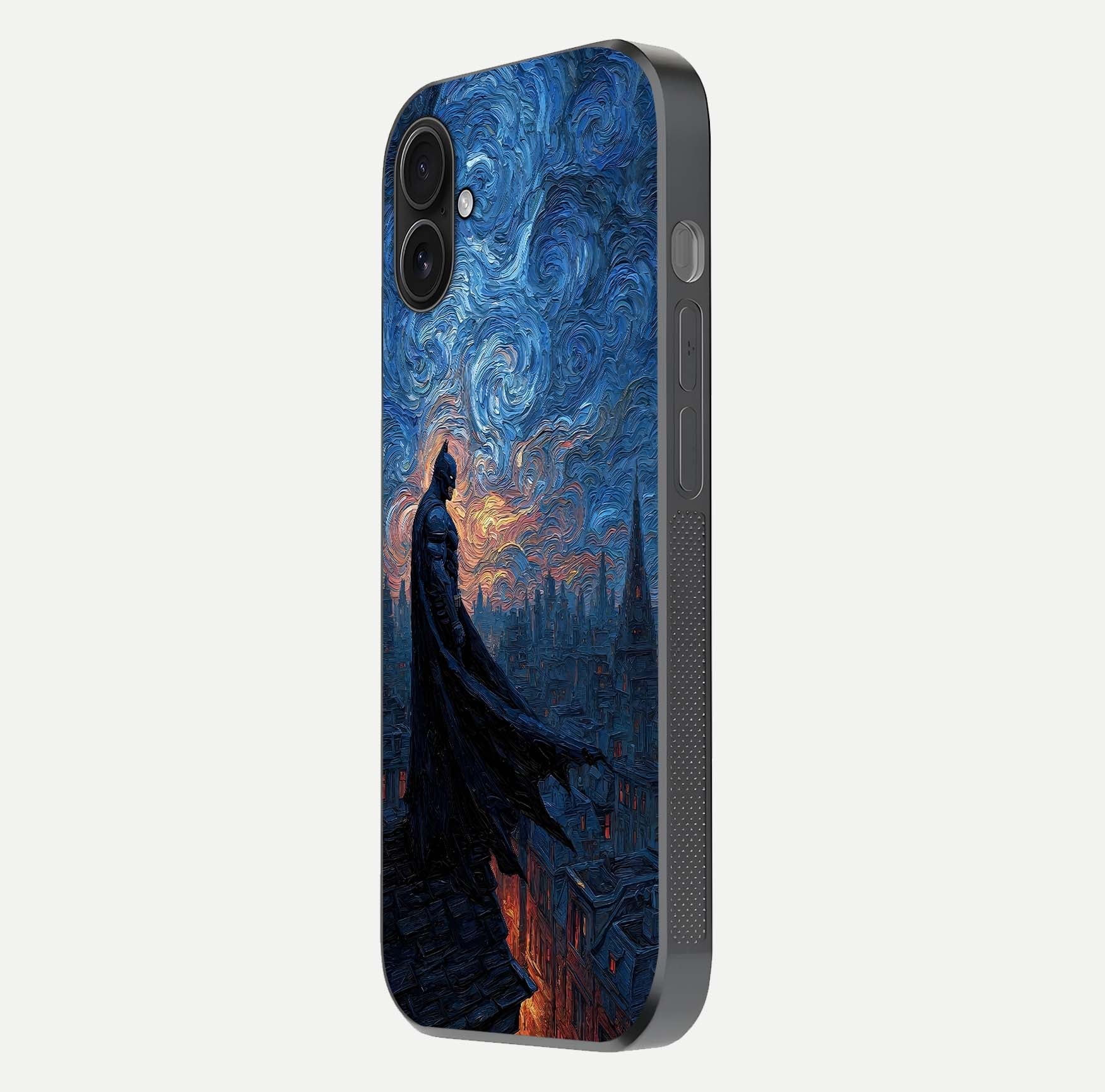 Dark Knight Dusk Glass Case for iPhone 16 Plus side-angle image capturing reflection shine and bold contrast