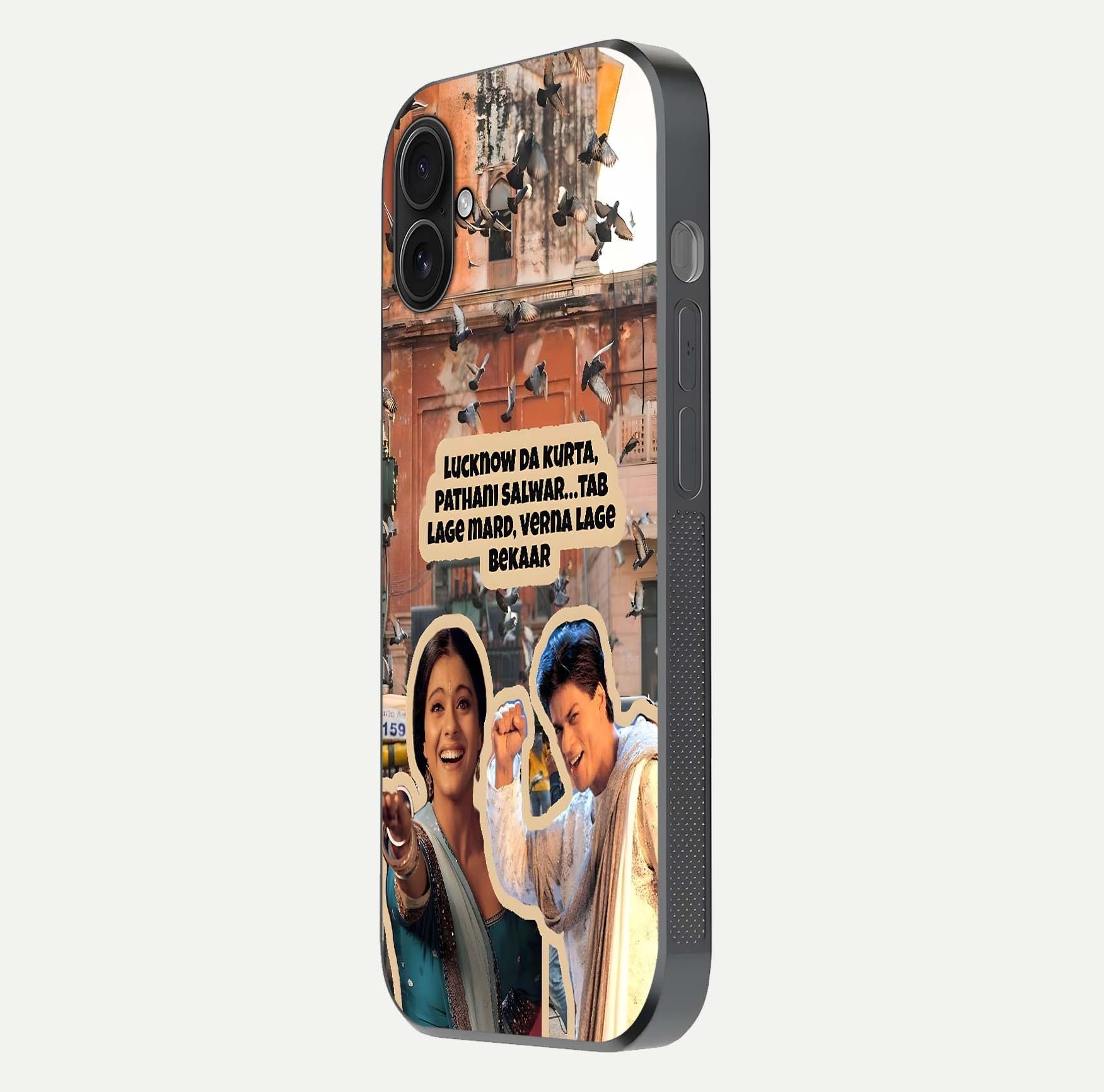 Desi Retro Vibes Glass Case for iPhone 16 Plus side-angle image displaying gloss texture and bold pattern