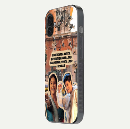 Desi Retro Vibes Glass Case for iPhone 16 Plus side-angle image displaying gloss texture and bold pattern