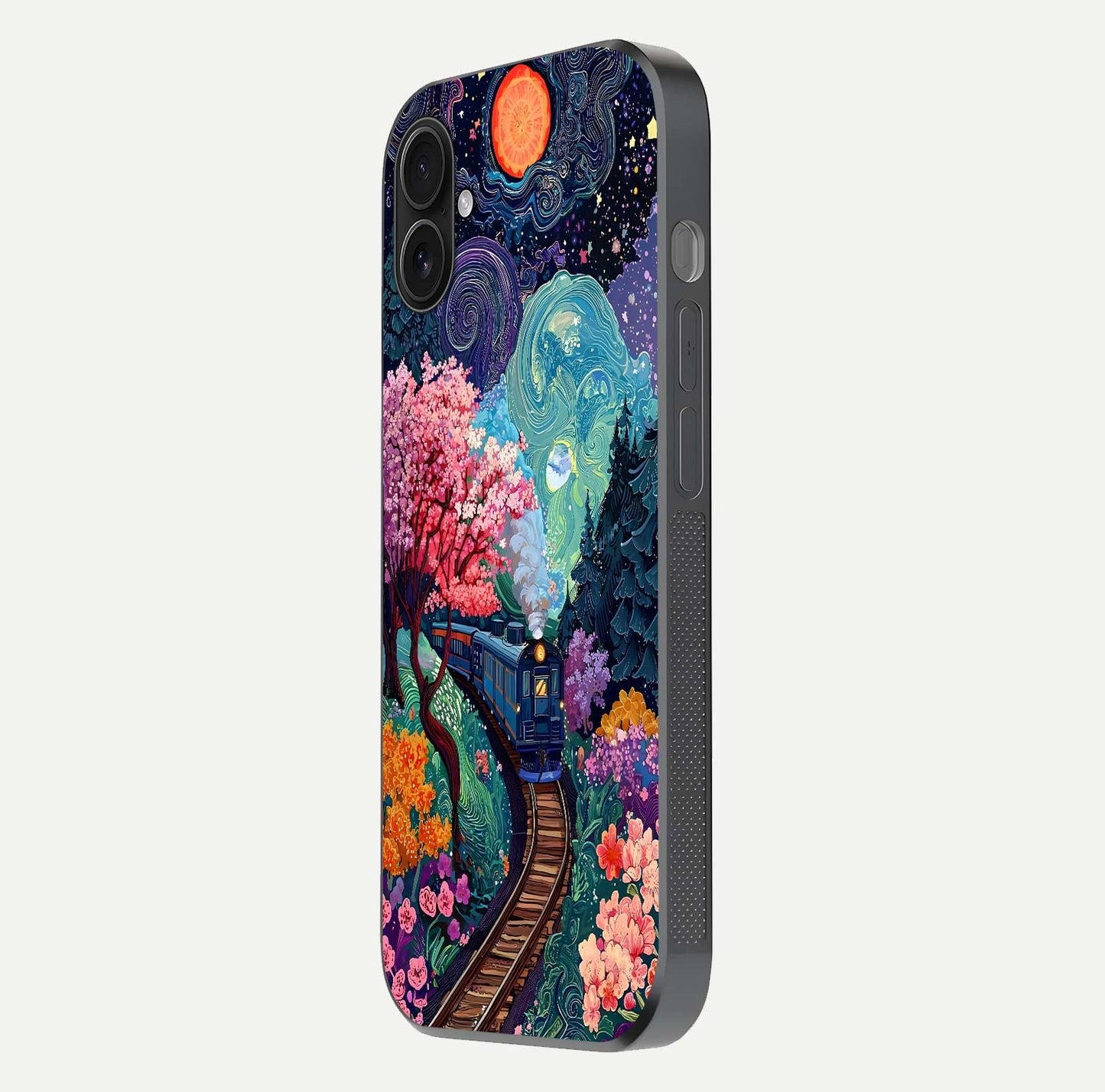 Digital Art Glass Case for iPhone 16 Plus side-angle photo showing shine depth and artistic clarity