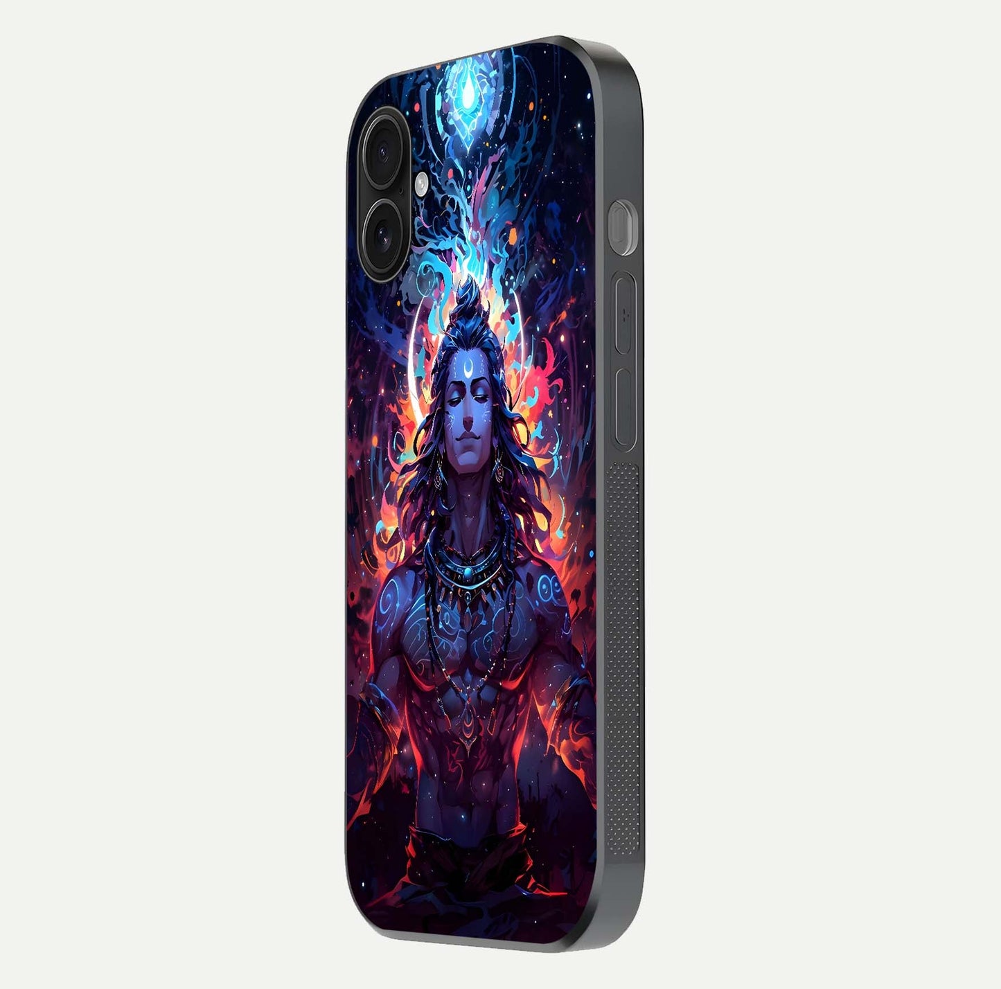 Divine Fire Shiv Glass Case for iPhone 16 Plus side-angle image showing reflection clarity and shine