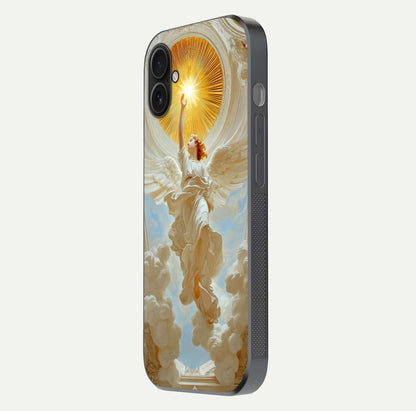 Divine Light Angel Glass Case for iPhone 16 Plus side-angle image capturing reflection shine and edge finish