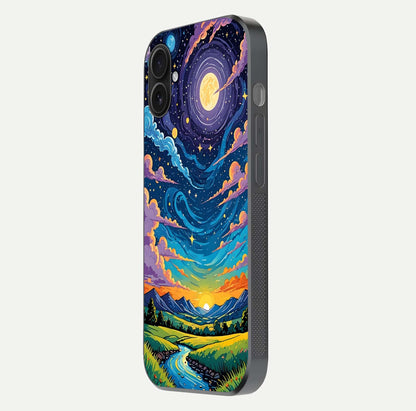 Dreamy Night Landscape Glass Case for iPhone 16 Plus side-angle photo capturing reflection glow and edge detail