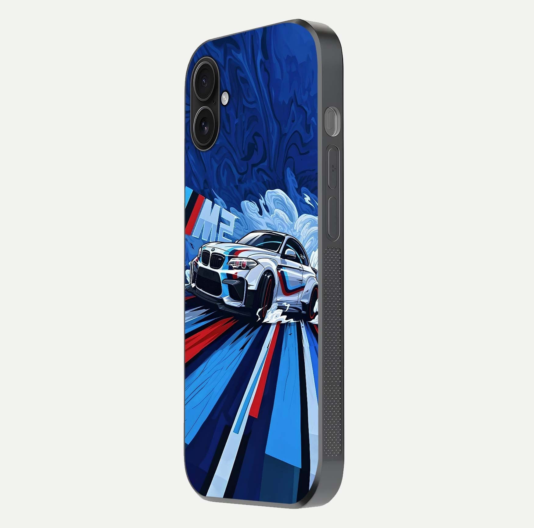 Drift Power Rush Glass Case for iPhone 16 Plus side-angle image capturing reflection glow and smooth curve