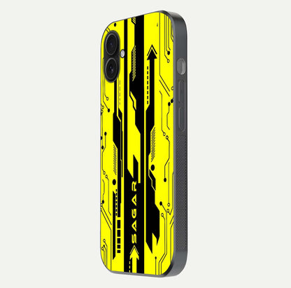 Electric Pulse CYBERPUNK Custom Name Glass Case for iPhone 16 Plus side-angle image showing glossy reflection and edge illumination
