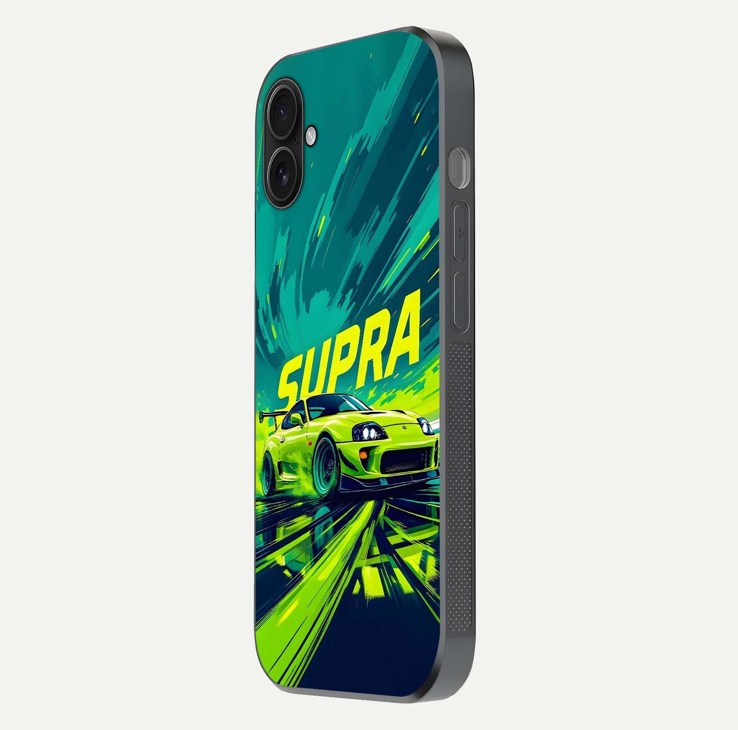 Electric Supra Thunder Glass Case for iPhone 16 Plus side-angle photo showing sleek car outline and reflective shine