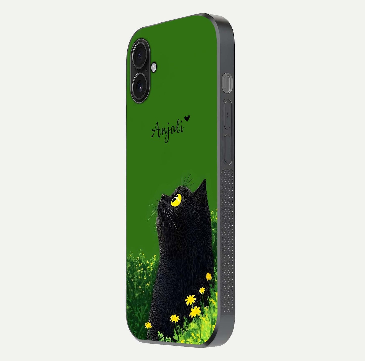Emerald Cat Custom Name Glass Case for iPhone 16 Plus side-angle photo showing name clarity and glass reflection
