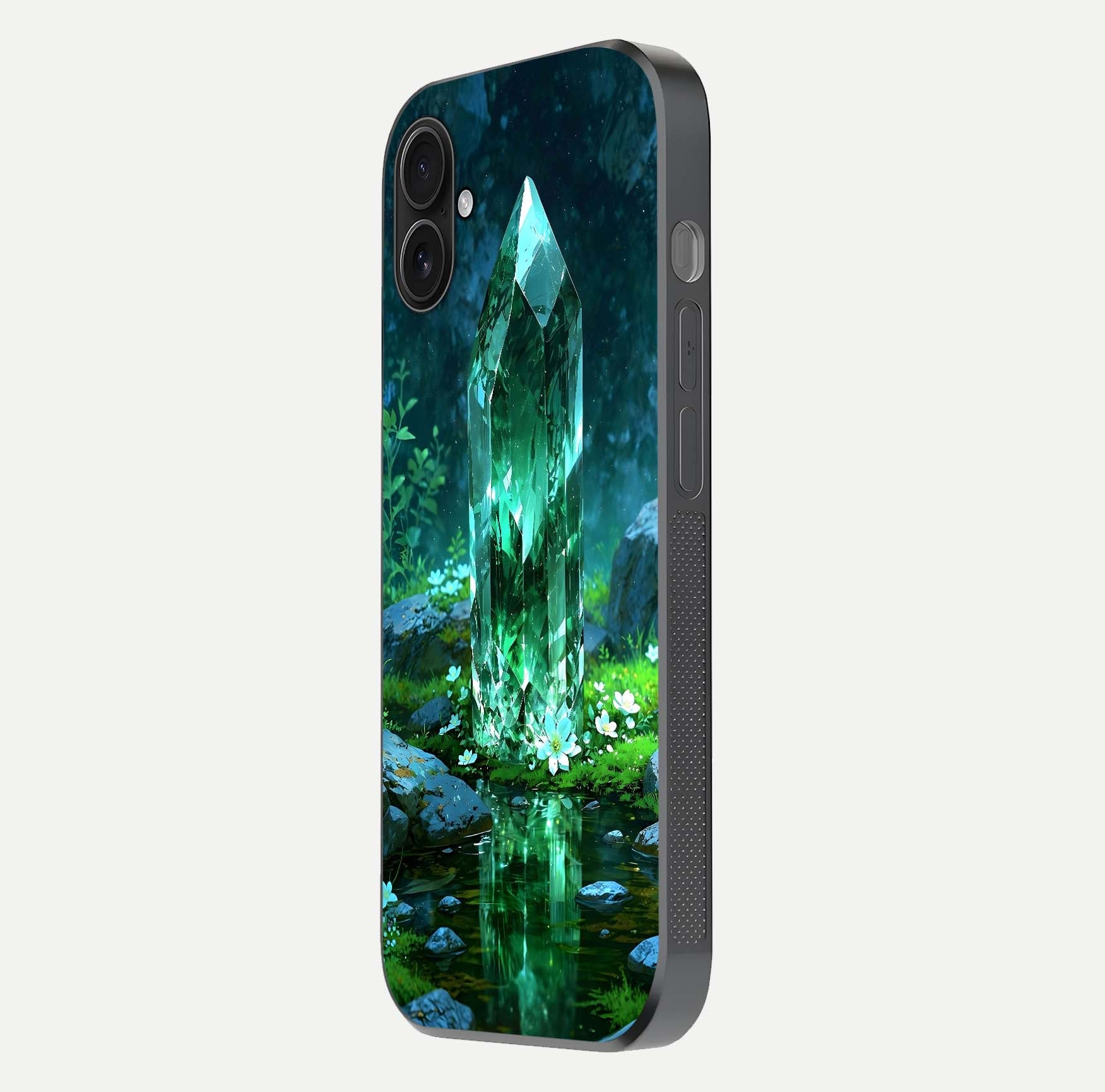 Emerald Light Crystal Glass Case for iPhone 16 Plus side-angle image showing gloss reflection and curved border