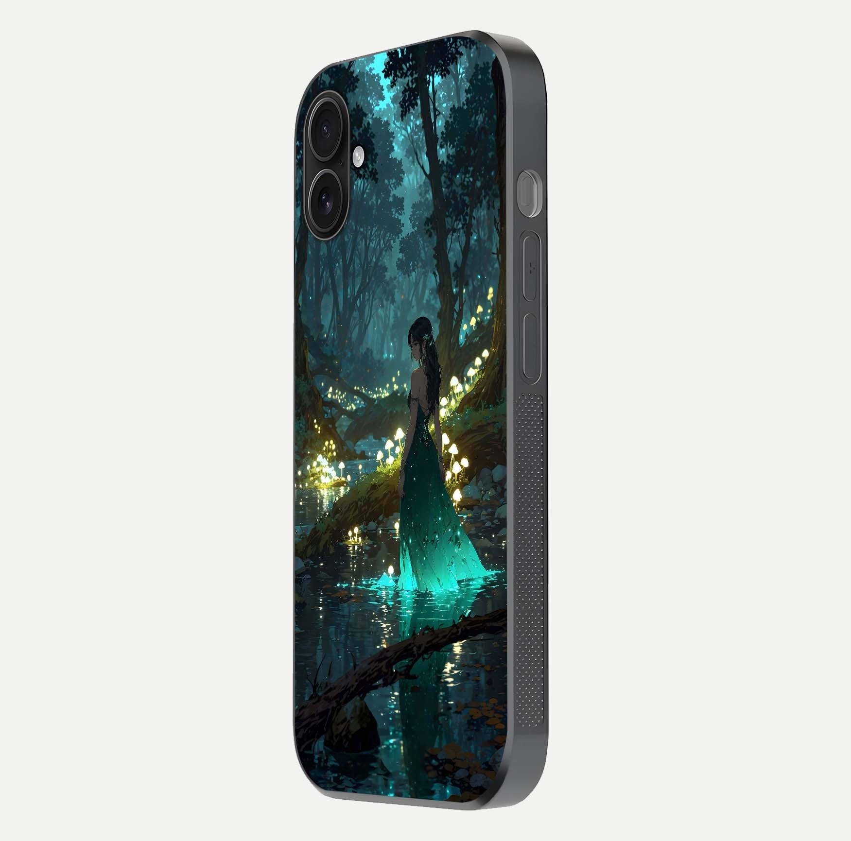 Enchanted Forest Glow Glass Case for iPhone 16 Plus side-angle image capturing shine reflection and rich detail