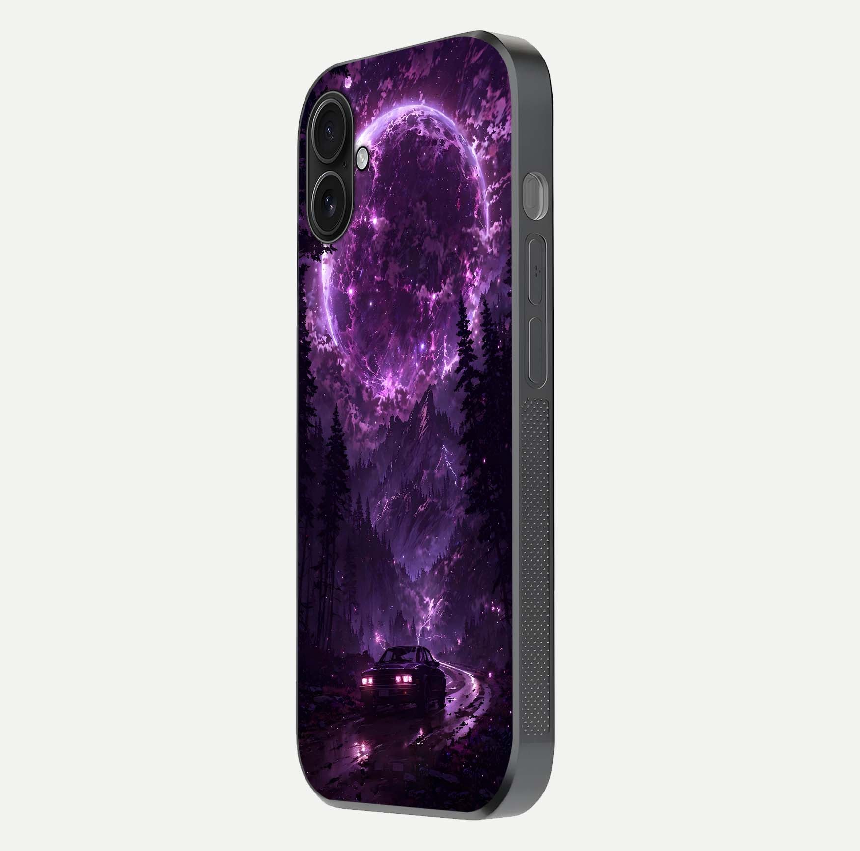 Eternal Cosmic Drive Glass Case for iPhone 16 Plus side-angle image showing reflection texture and color contrast
