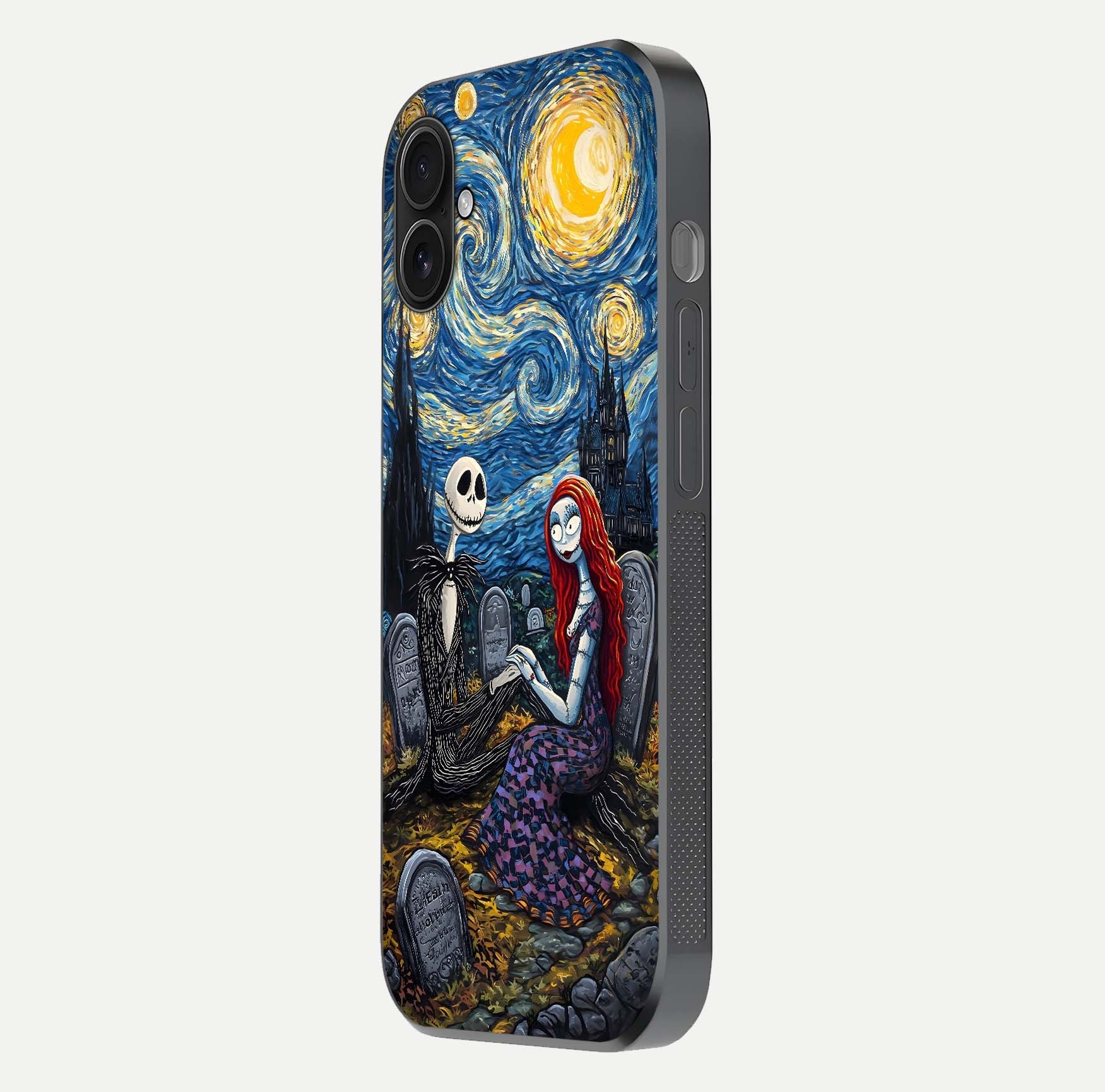 Eternal Night Love Glass Case for iPhone 16 Plus side-angle photo showing edge shine and soft reflection