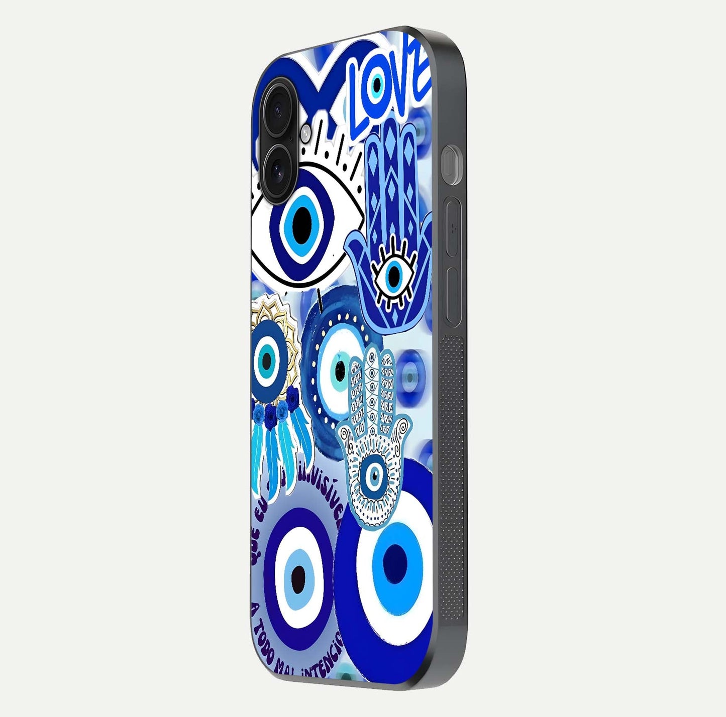 Evil Eyes Dream Glass Case for iPhone 16 Plus side-angle photo capturing smooth edges and reflective texture