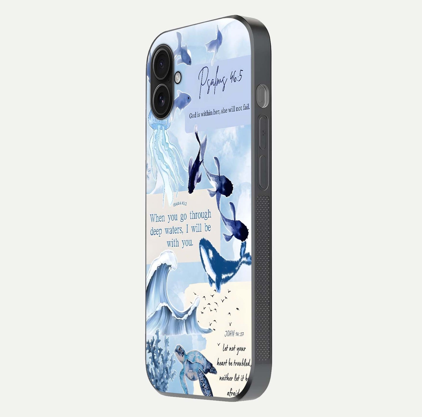 Faithful Ocean Promise Glass Case for iPhone 16 Plus side-angle photo showing reflection glow and color clarity