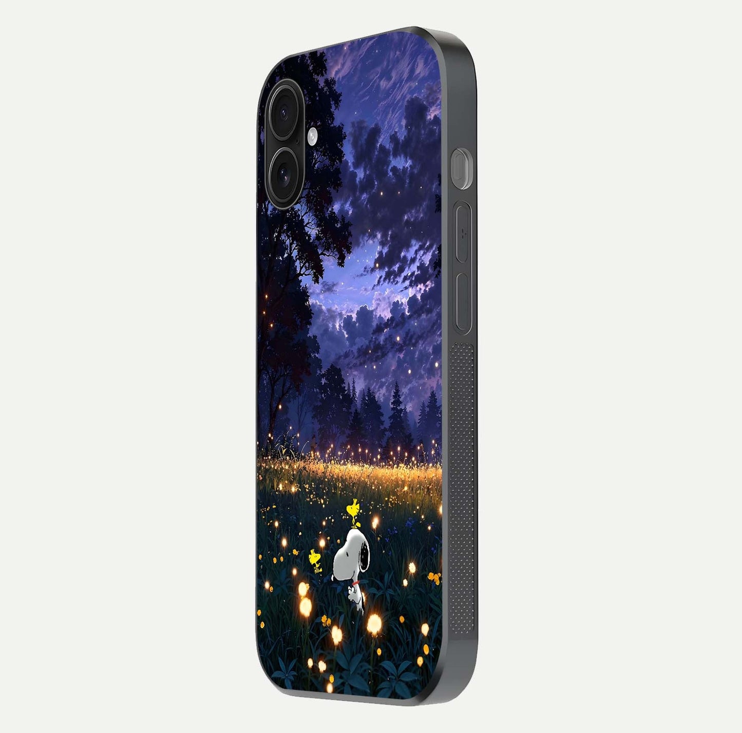 Firefly Meadow Magic Glass Case for iPhone 16 Plus side-angle image capturing glow reflection and fine texture
