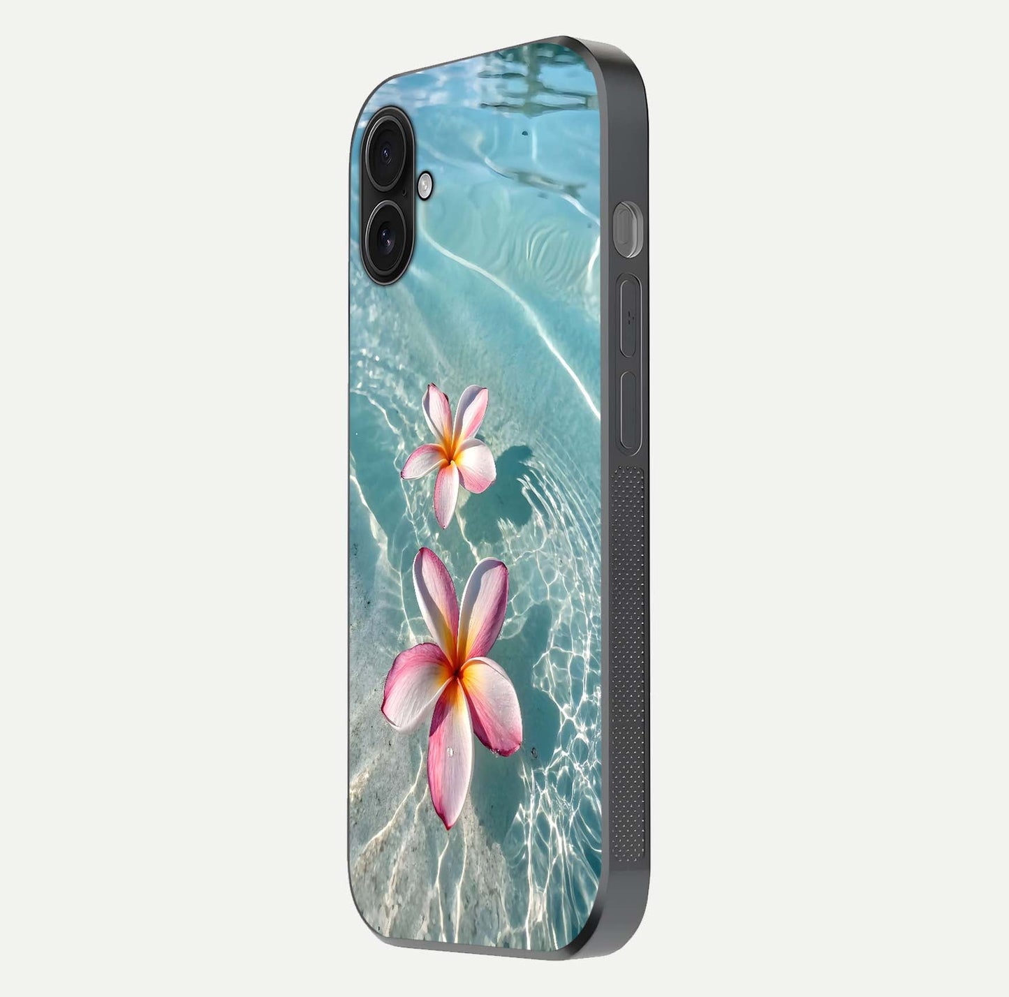 Floating Bloom Bliss Glass Case for iPhone 16 Plus side-angle photo showing smooth reflection and elegant curve