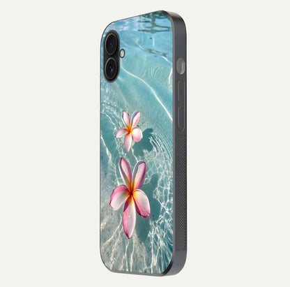 Floating Bloom Bliss Glass Case for iPhone 16 Plus side-angle photo showing smooth reflection and elegant curve