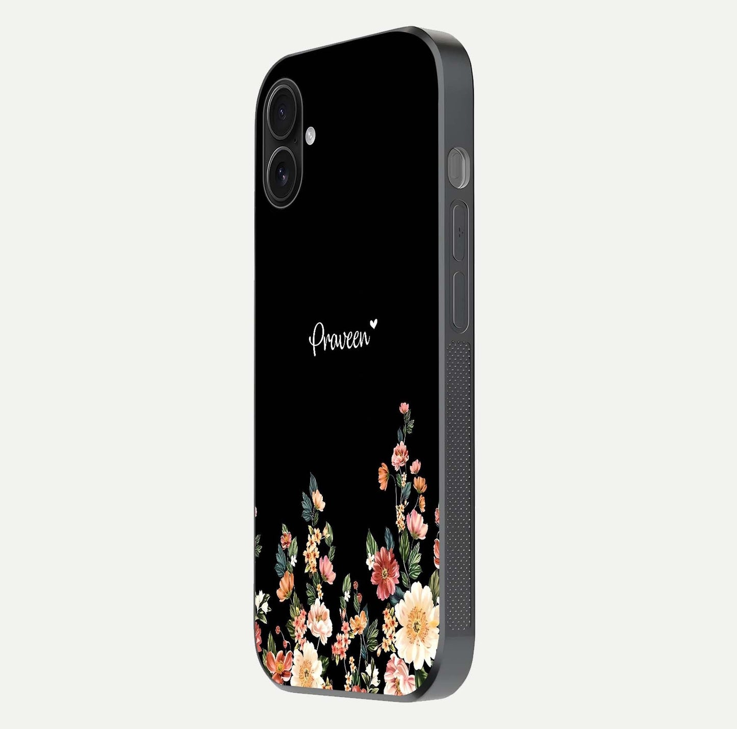 Floral Design Personalized Custom Name Glass Case for iPhone 16 Plus side-angle image showing name alignment and gloss shine