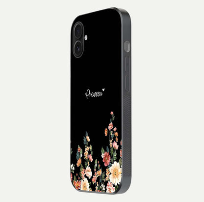 Floral Design Personalized Custom Name Glass Case for iPhone 16 Plus side-angle image showing name alignment and gloss shine