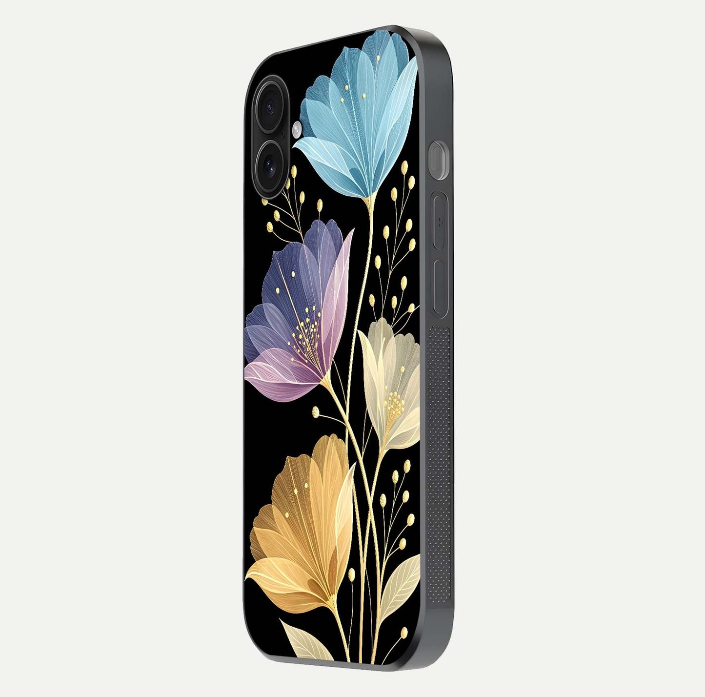 Flower Bloom Glow Glass Case for iPhone 16 Plus side-angle image capturing gloss reflection and flower glow