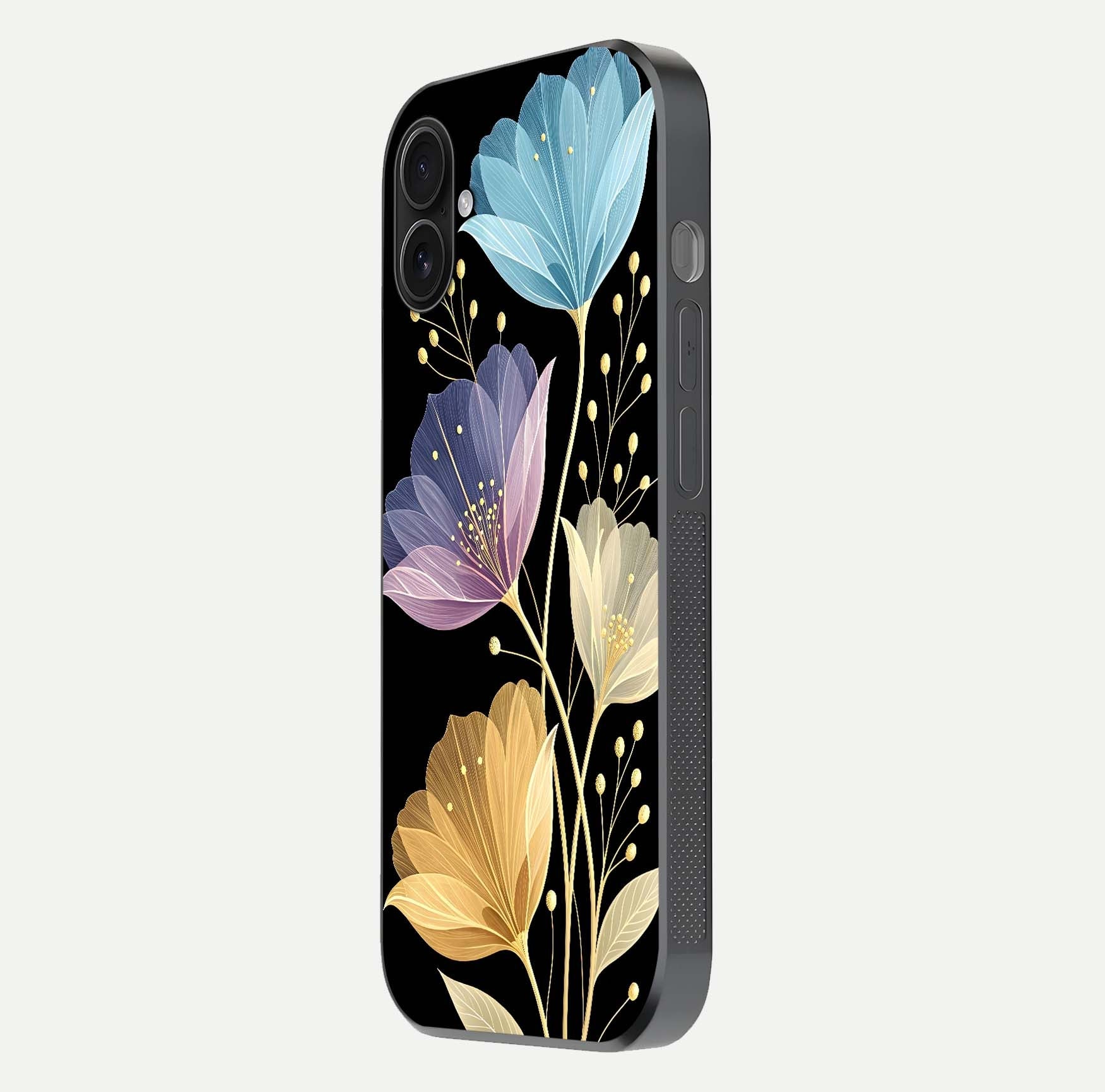 Flower Bloom Glow Glass Case for iPhone 16 Plus side-angle image capturing gloss reflection and flower glow