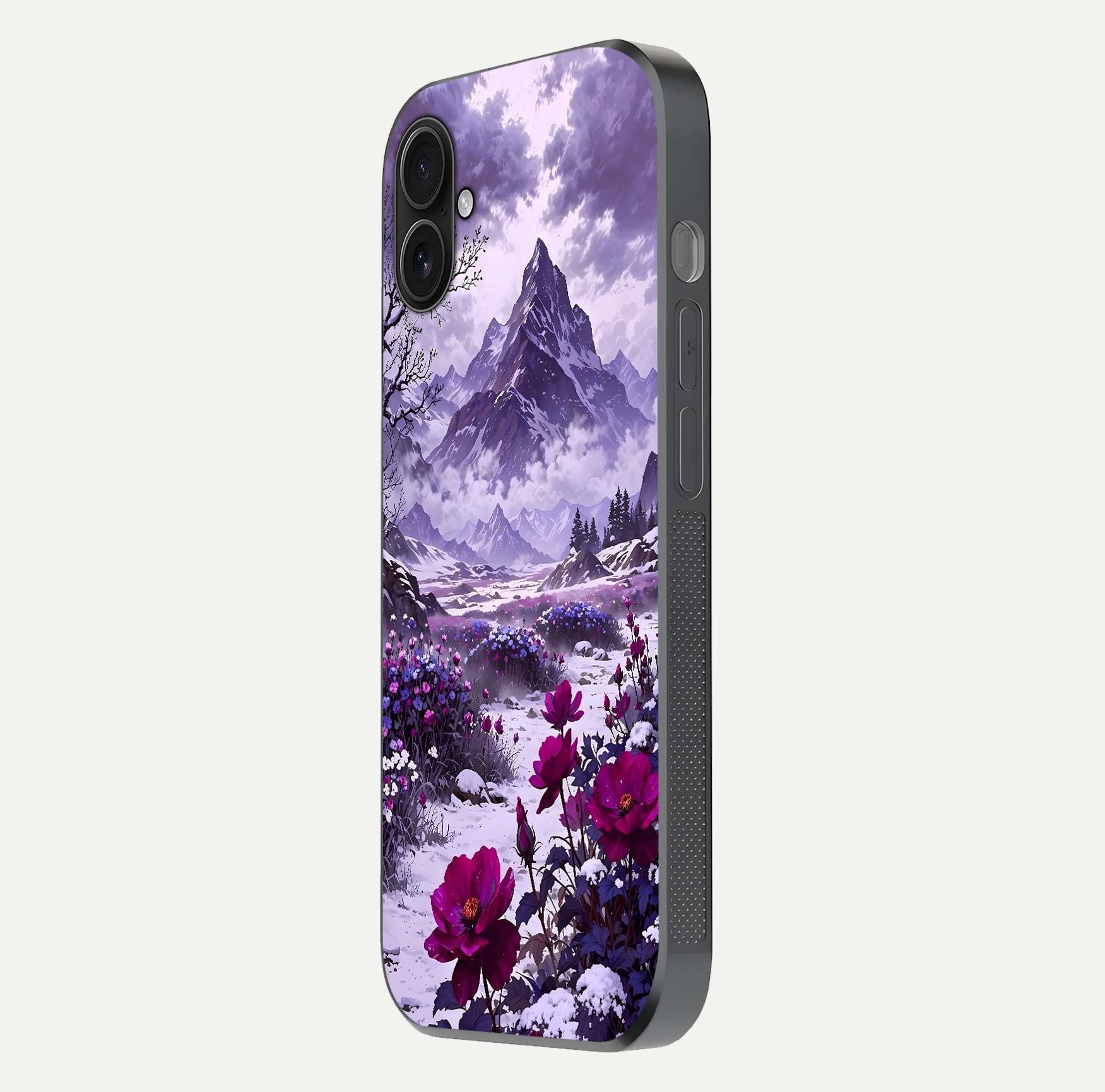 Flower Mountain View Glass Case for iPhone 16 Plus side-angle image showing gloss polish and smooth edge