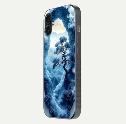 Frozen Serenity Gate Glass Case for iPhone 16 Plus side-angle photo showing reflective surface and cold tones