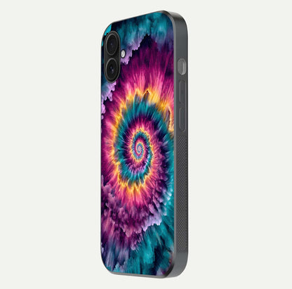 Galactic Spiral Burst Glass Case for iPhone 16 Plus side-angle image showing reflection clarity and vivid galactic texture