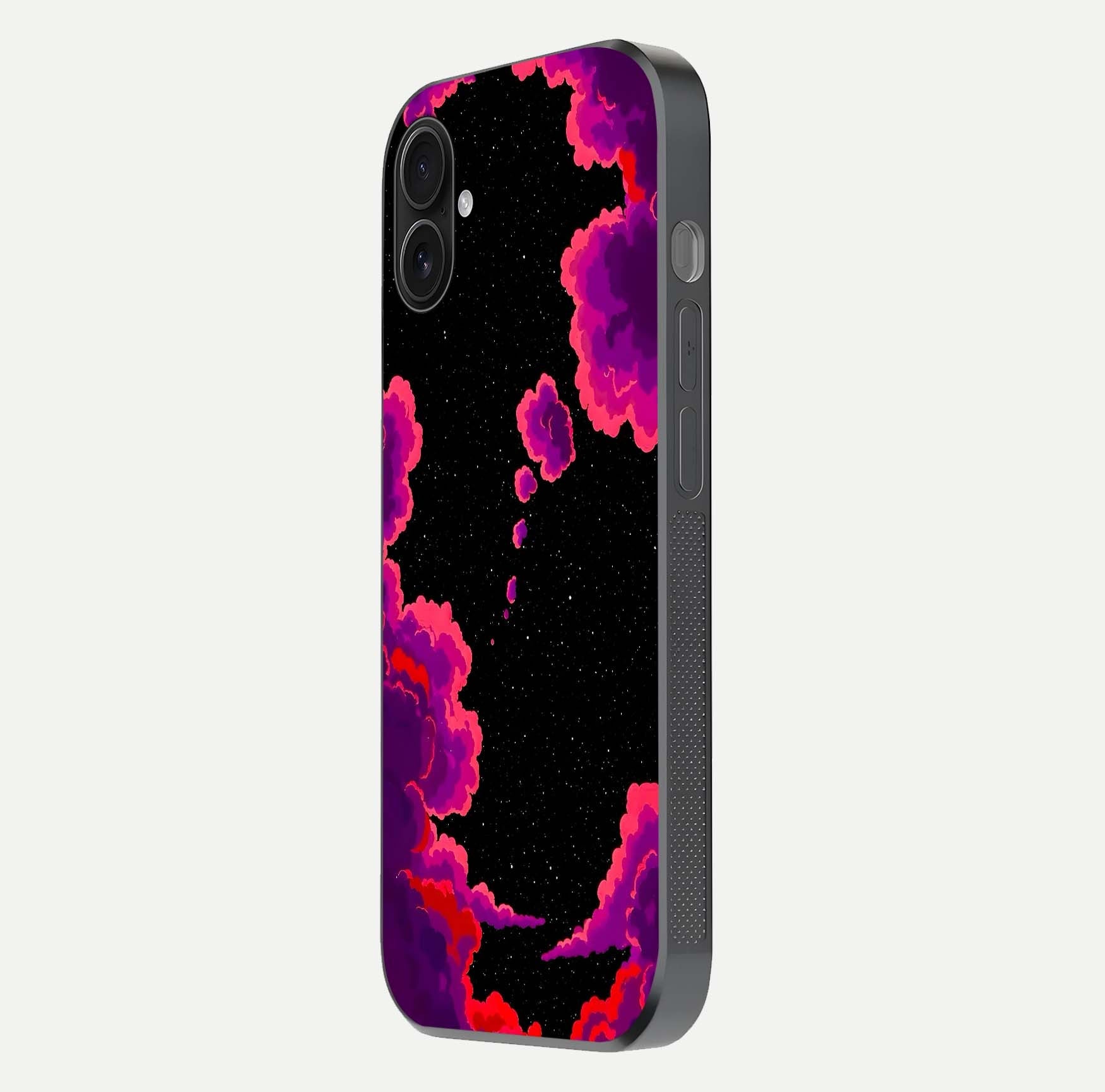 Galaxy Dream Frame Glass Case for iPhone 16 Plus side-angle image showing reflection light and premium finish