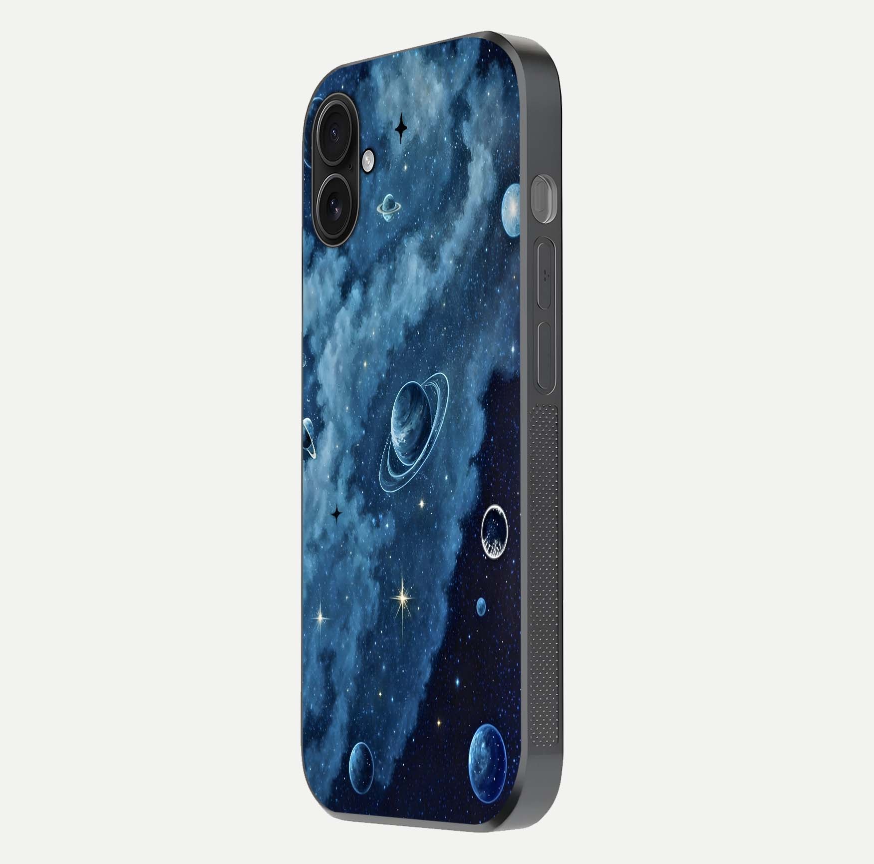 Galaxy Dream Space Glass Case for iPhone 16 Plus side-angle image capturing reflection clarity and galactic texture