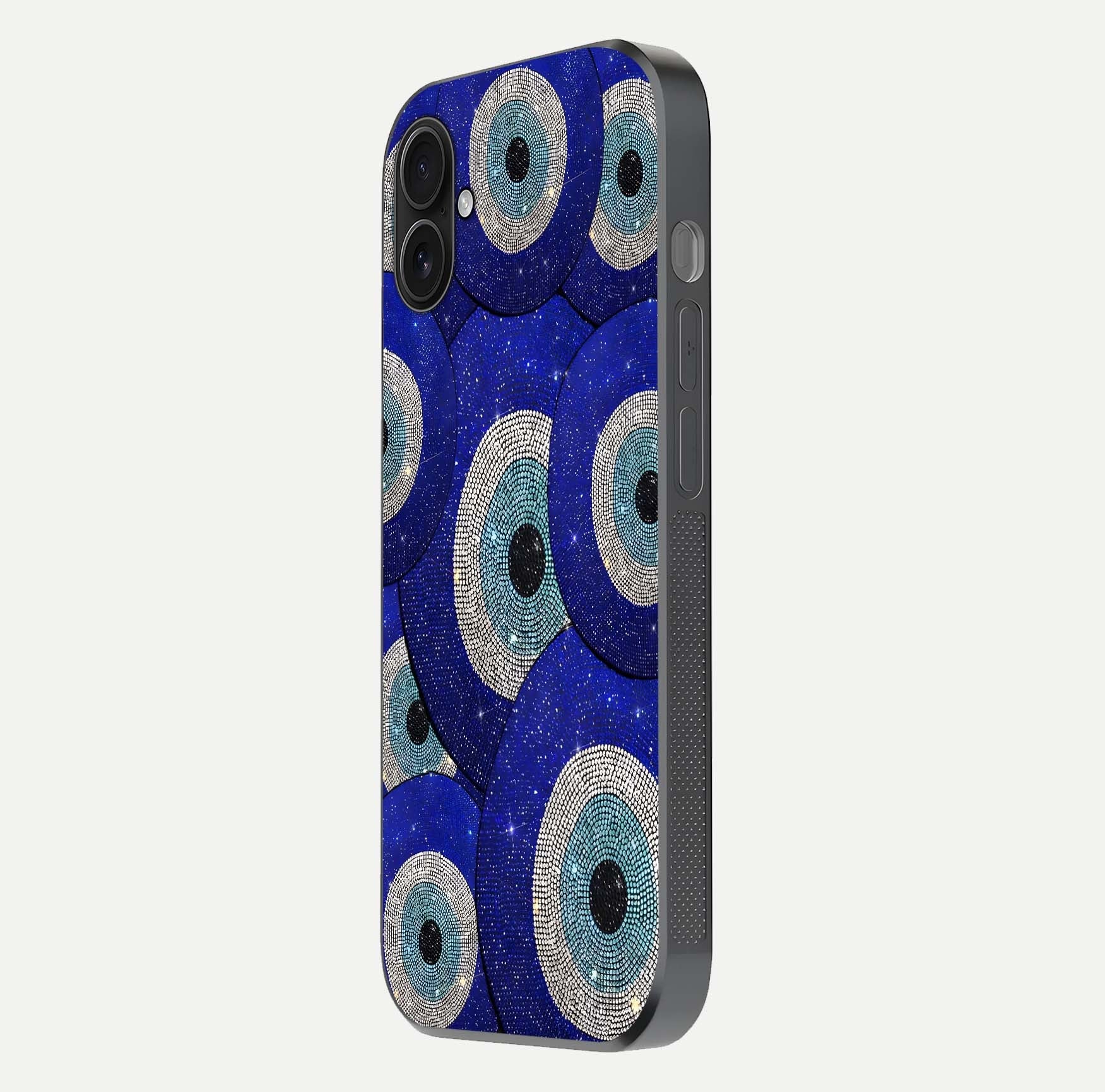 Galaxy Eye Flow Glass Case for iPhone 16 Plus side-angle image showing reflection detail and premium shine