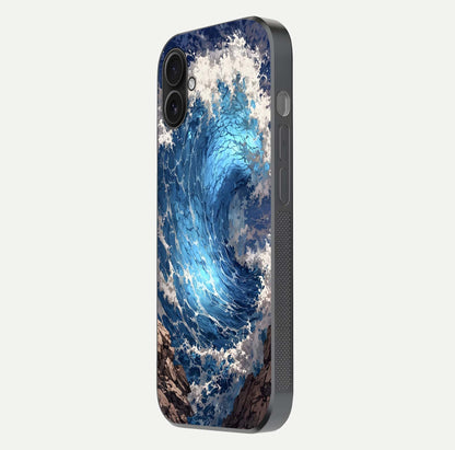 Giant Ocean Wave Glass Case for iPhone 16 Plus side-angle image showing light reflection and ocean detail