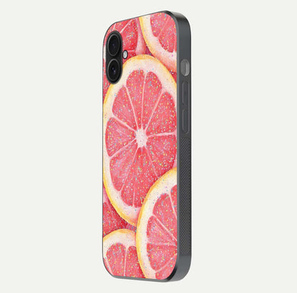 Glitter Grapefruit Glass Case for iPhone 16 Plus side-angle image showing reflection glow and polished edges