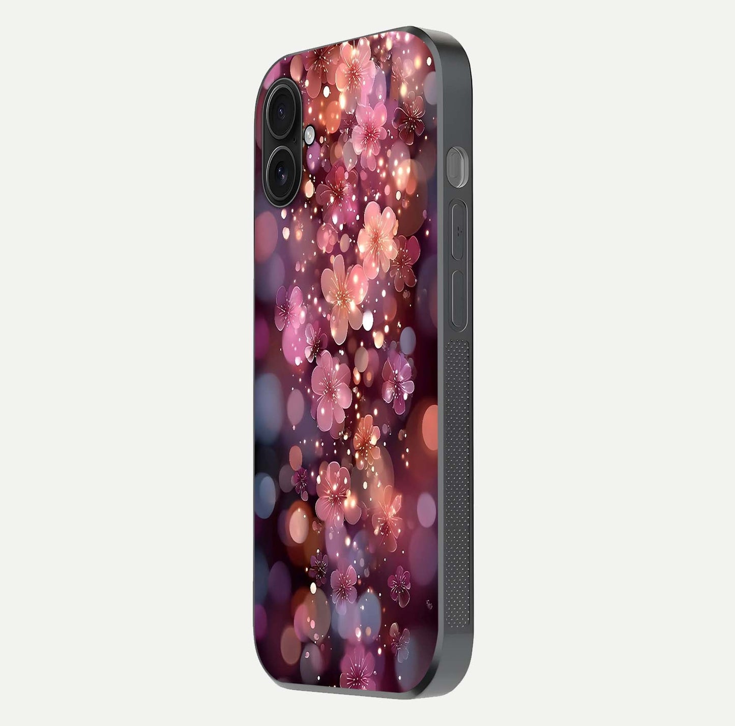 Glowing Petal Bliss Glass Case for iPhone 16 Plus side-angle image showing light reflection and soft floral texture