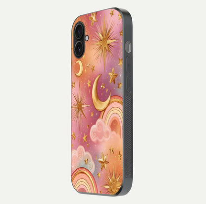 Golden Celestial Dreams Glass Case for iPhone 16 Plus side-angle image capturing reflection brightness and starry detail