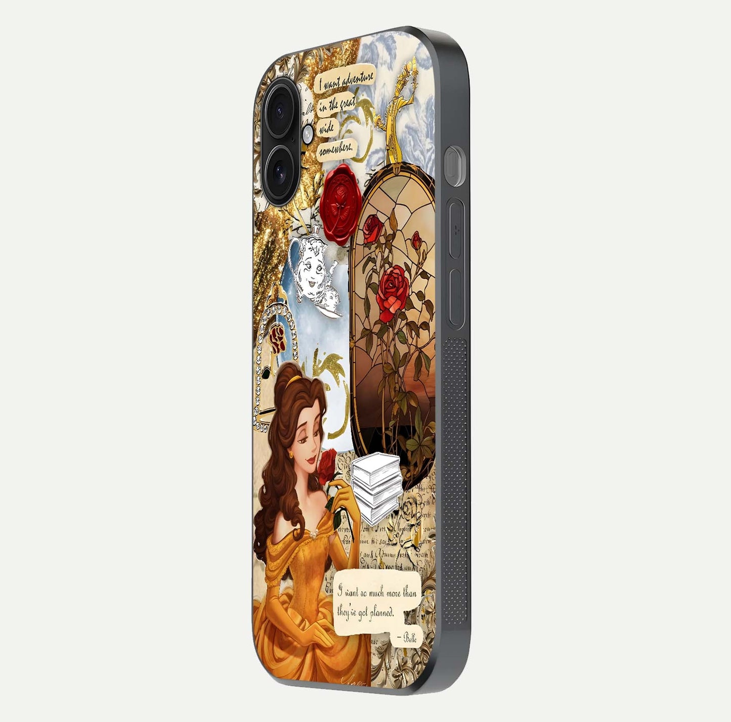 Golden Dream Belle Glass Case for iPhone 16 Plus side-angle image showing reflective edges and premium golden tint