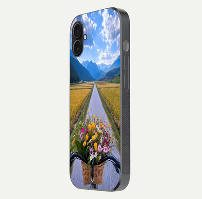 Golden Field Journey Glass Case for iPhone 16 Plus side-angle image showing golden glow, reflection shine, and curved edge
