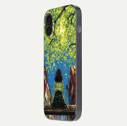 Golden Leaves Glow Glass Case for iPhone 16 Plus side-angle image showing reflection polish and elegant pattern