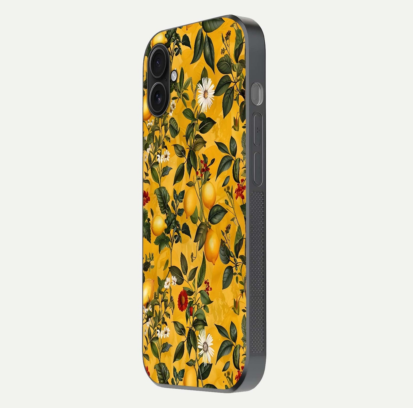 Golden Lemon Field Glass Case for iPhone 16 Plus side-angle image showing reflection clarity and juicy color tone