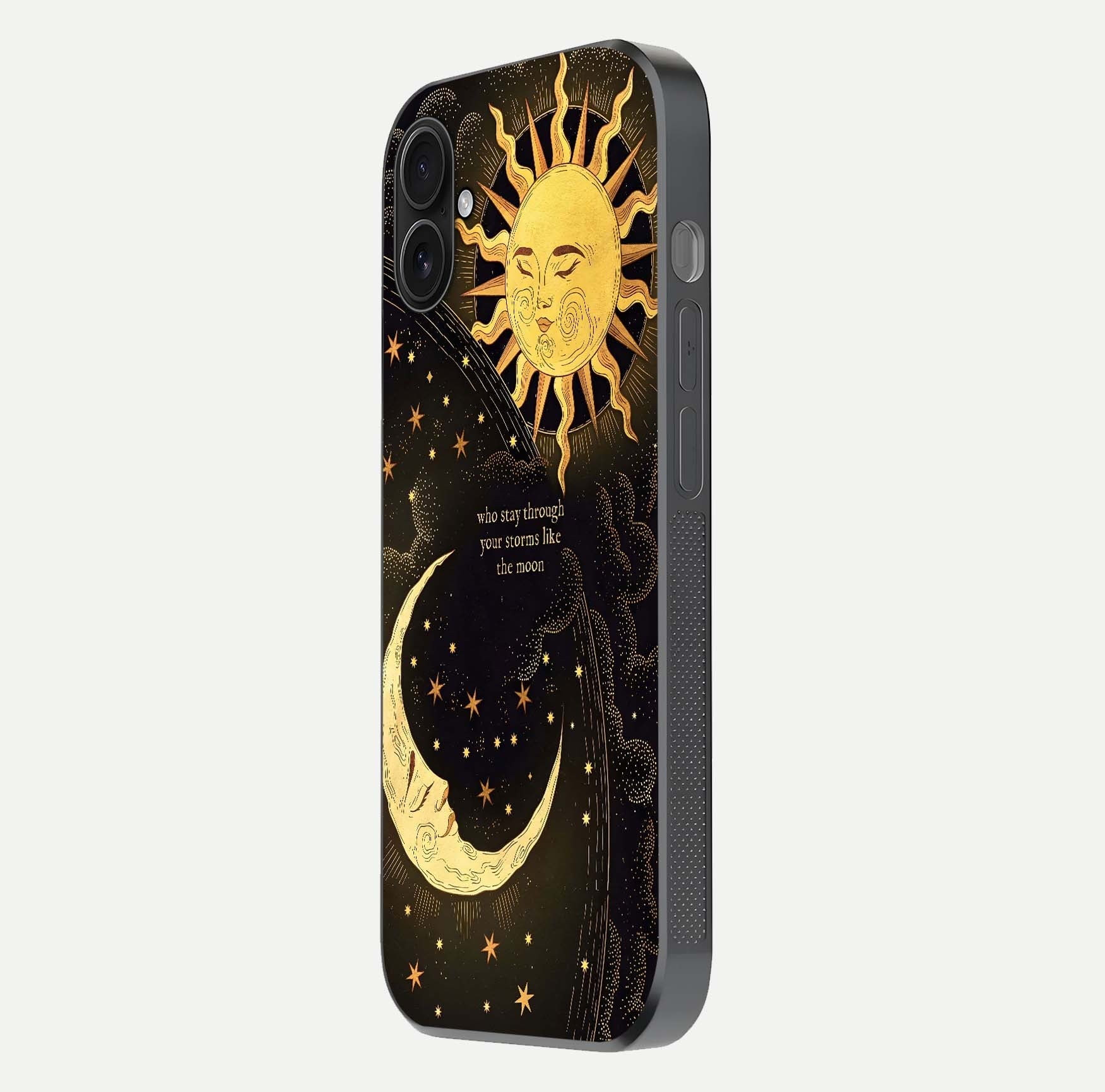 Golden Lunar Love Glass Case for iPhone 16 Plus side-angle image showing reflection brilliance and smooth golden tone