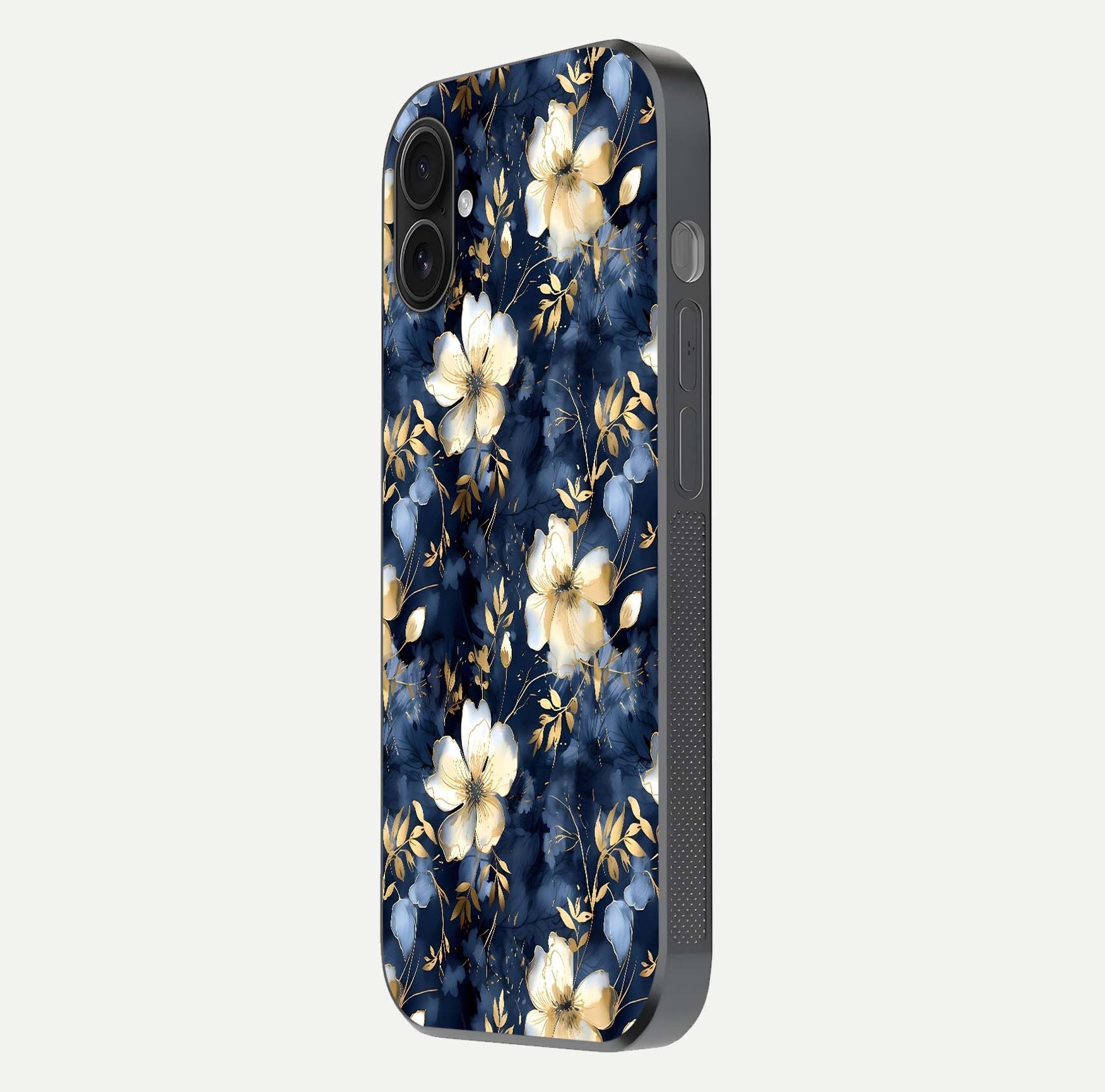 Golden Midnight Bloom Glass Case for iPhone 16 Plus side-angle image showing shine depth and elegant edge design
