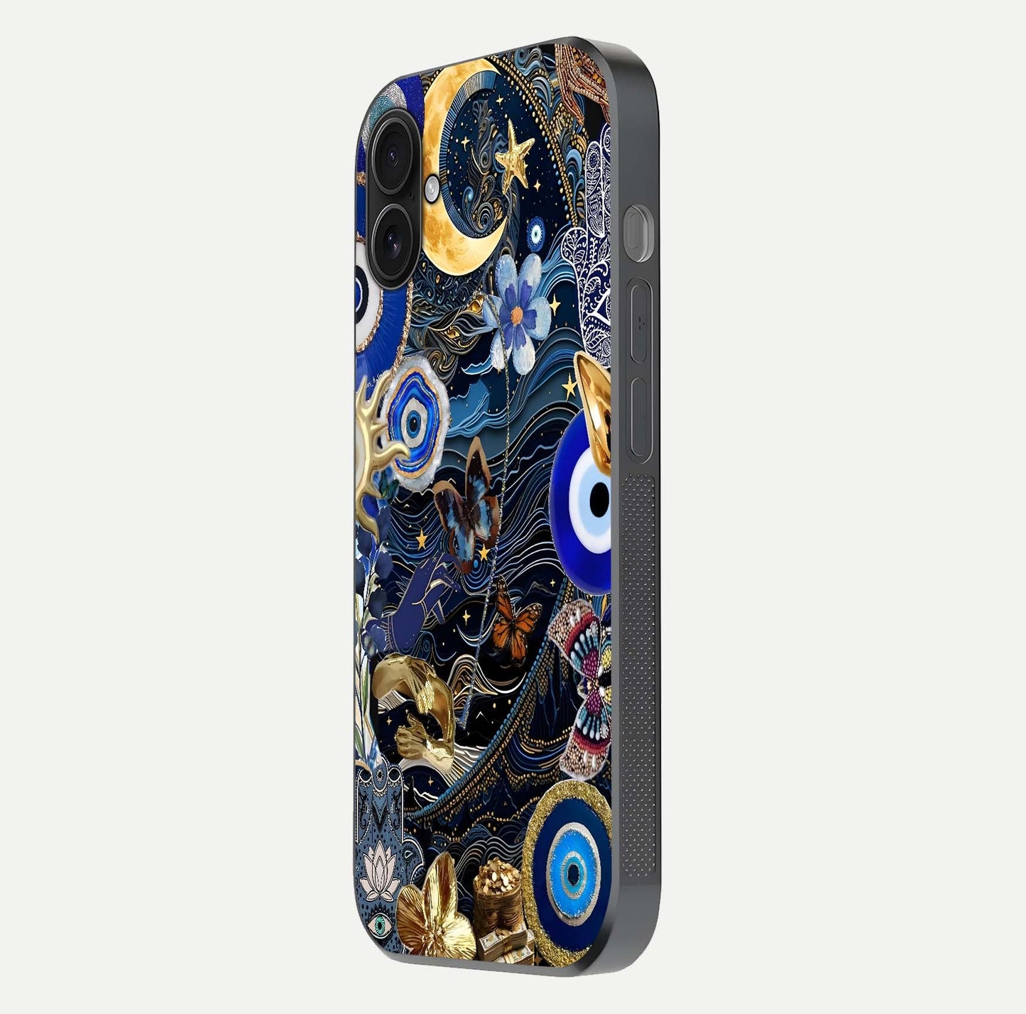 Golden Moon Magic Glass Case for iPhone 16 Plus side-angle image showing reflection glow, curved polish, and moon detail