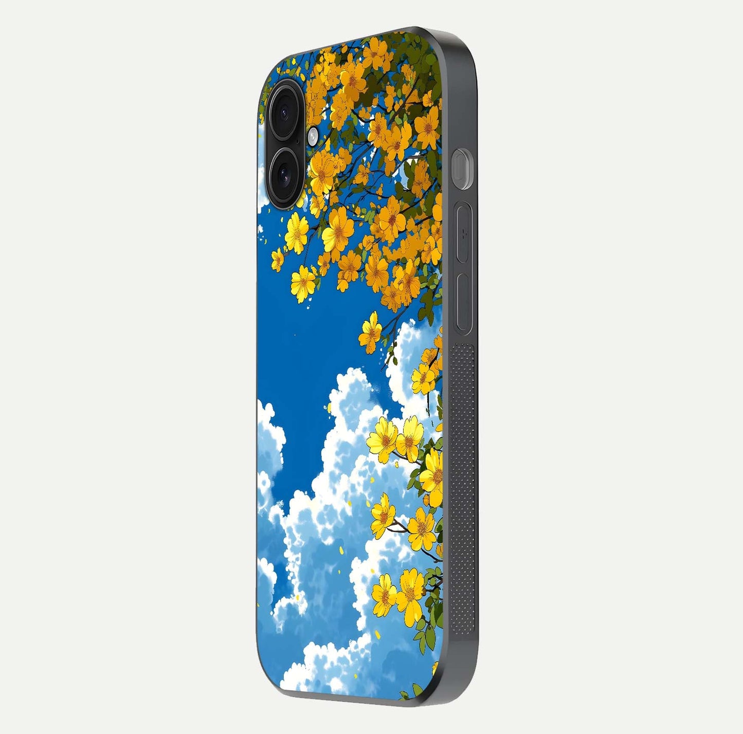 Golden Petal Sky Glass Case for iPhone 16 Plus side-angle image showing reflection depth and metallic floral tones